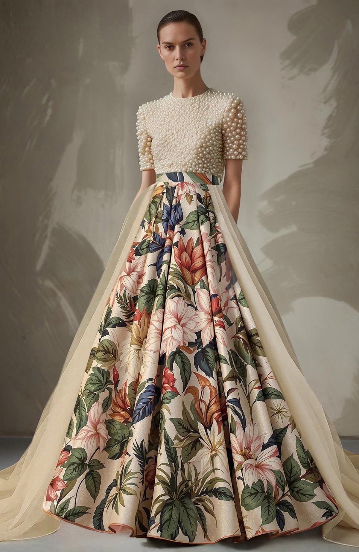 Ivory pearl-embroidered short-sleeve top paired with a full-length floral A-line skirt with sheer panels