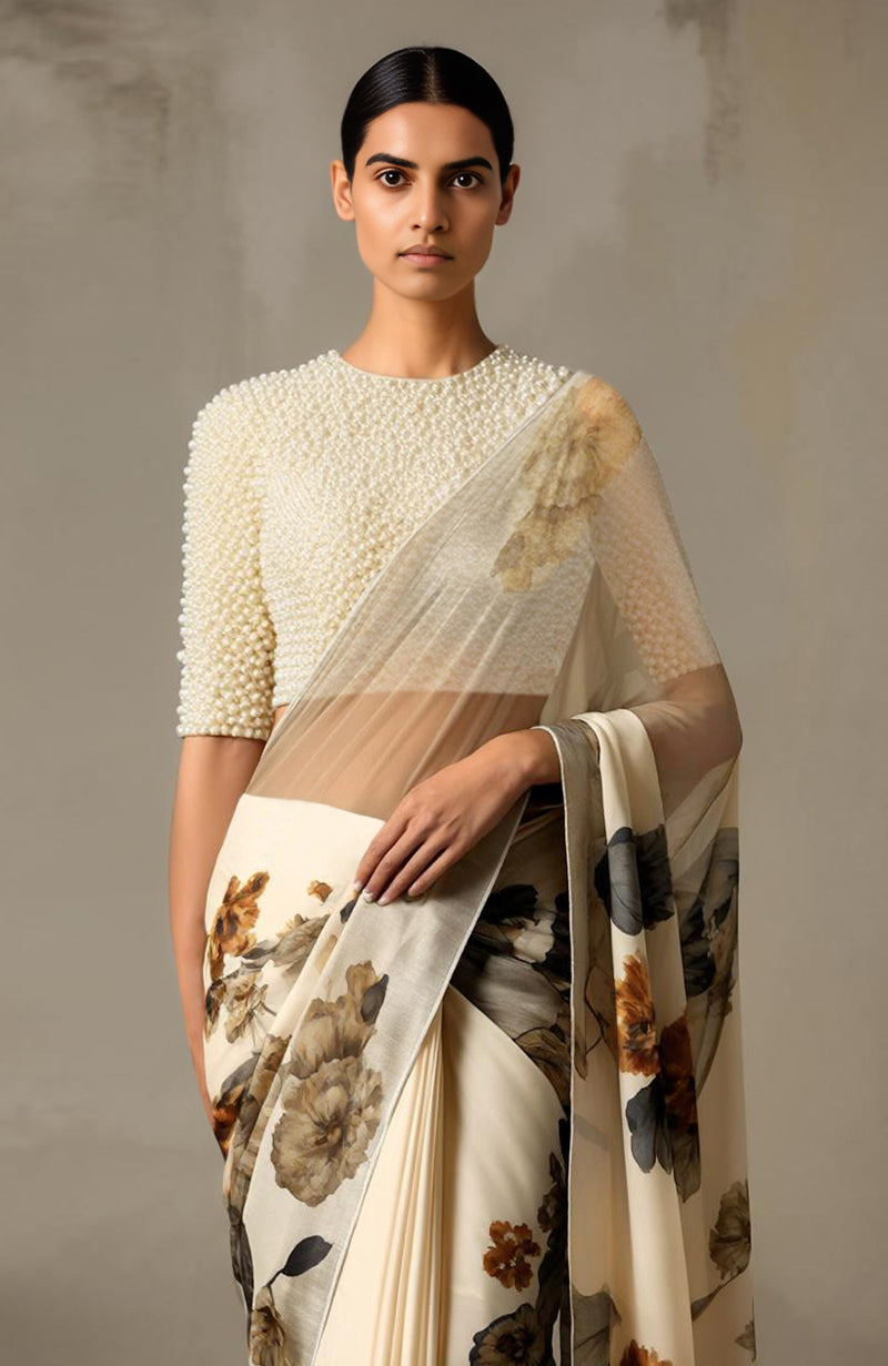 Ivory chiffon saree with muted floral prints paired with a pearl-embroidered blouse with elbow sleeves