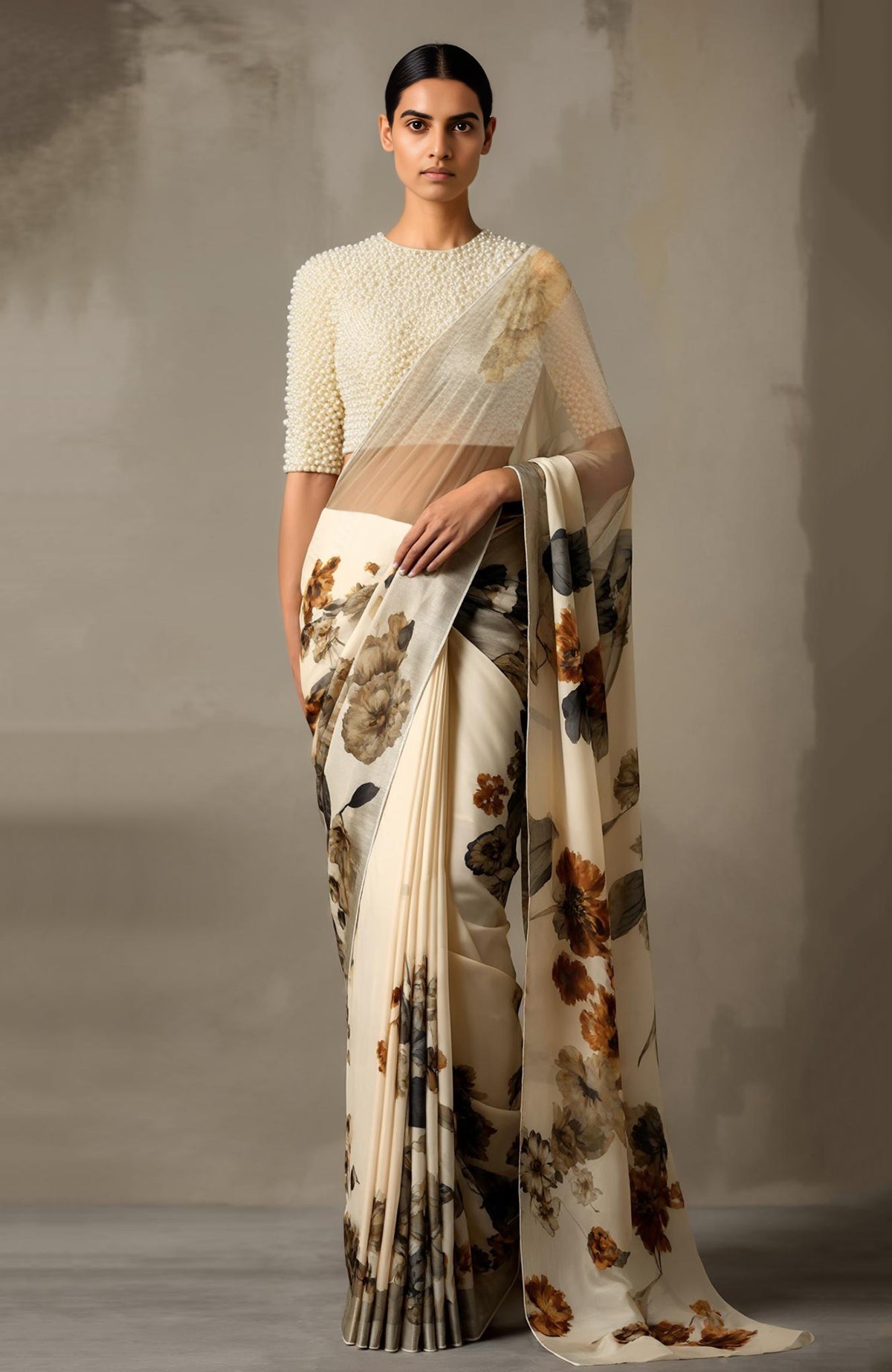 Ivory chiffon saree with muted floral print and pearl-embroidered ivory blouse with elbow sleeves