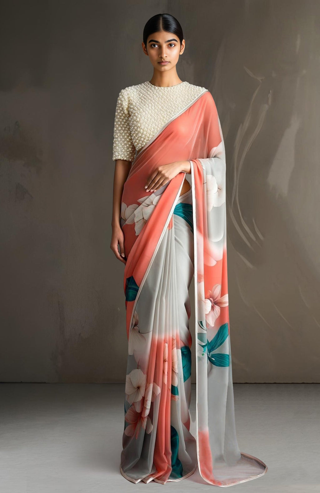 Coral ombré chiffon saree with ivory, blush, teal florals and pearl-embroidered blouse with round neck
