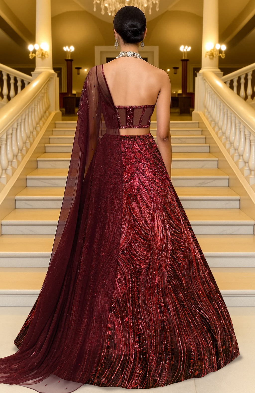 Deep wine red lehenga with heavy sequin embroidery, corset blouse, sheer net cape with linear designs