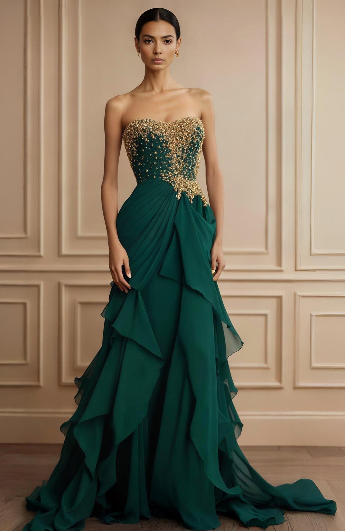 Emerald green strapless gown with gold floral embroidery and layered cascading skirt panels