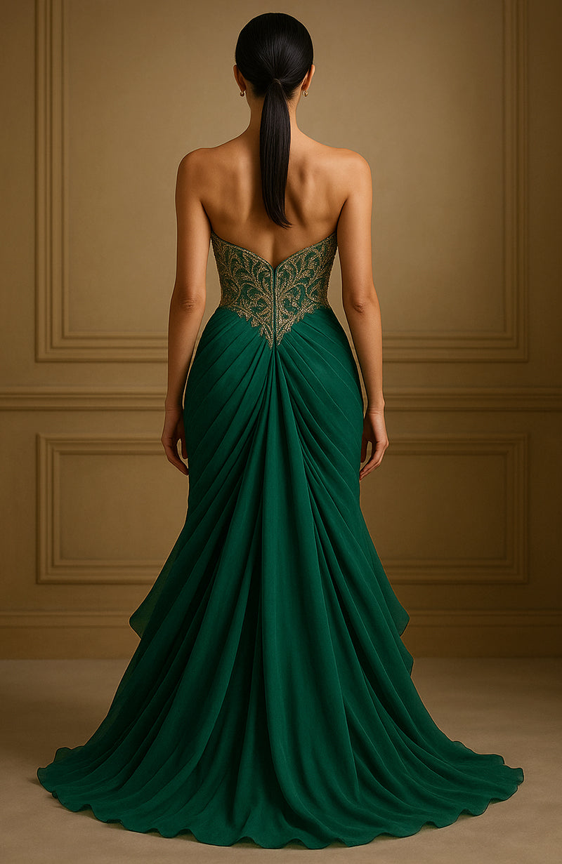 Strapless emerald green gown with gold embroidered bodice and flowing pleated skirt