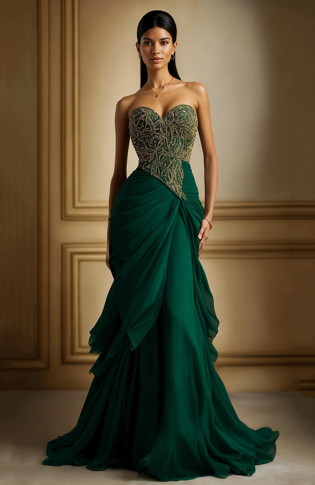 Strapless emerald green gown with gold embroidered bodice and flowing pleated skirt.