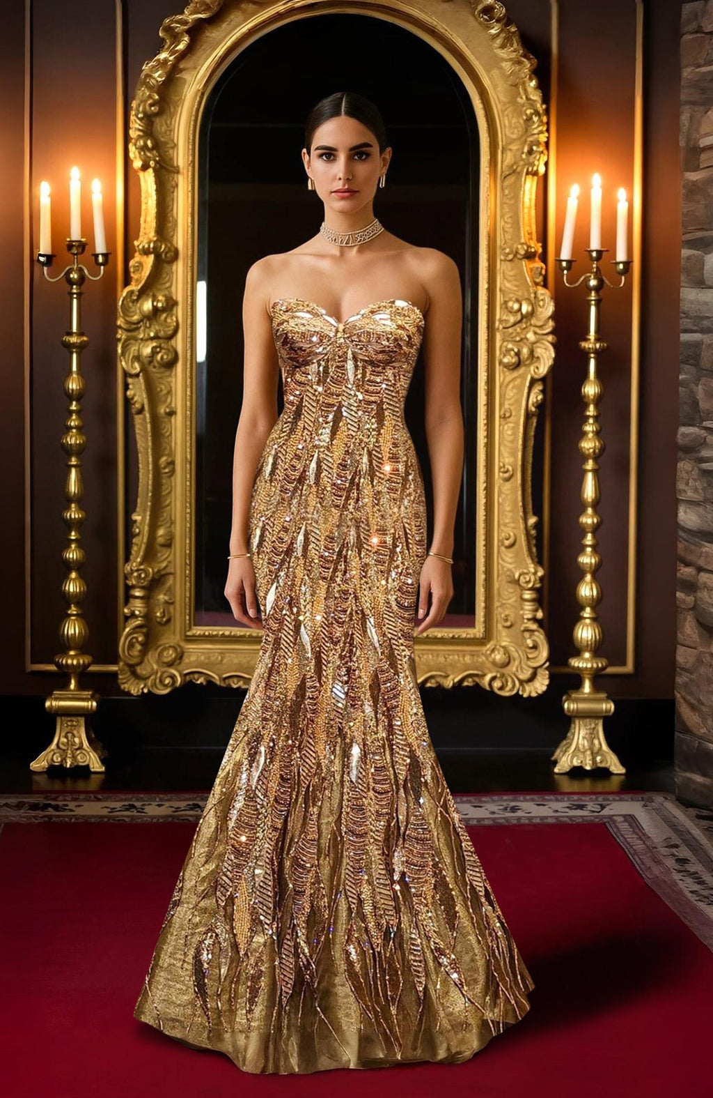 Gold strapless mermaid gown with sweetheart neckline and intricate flame-like embroidery.