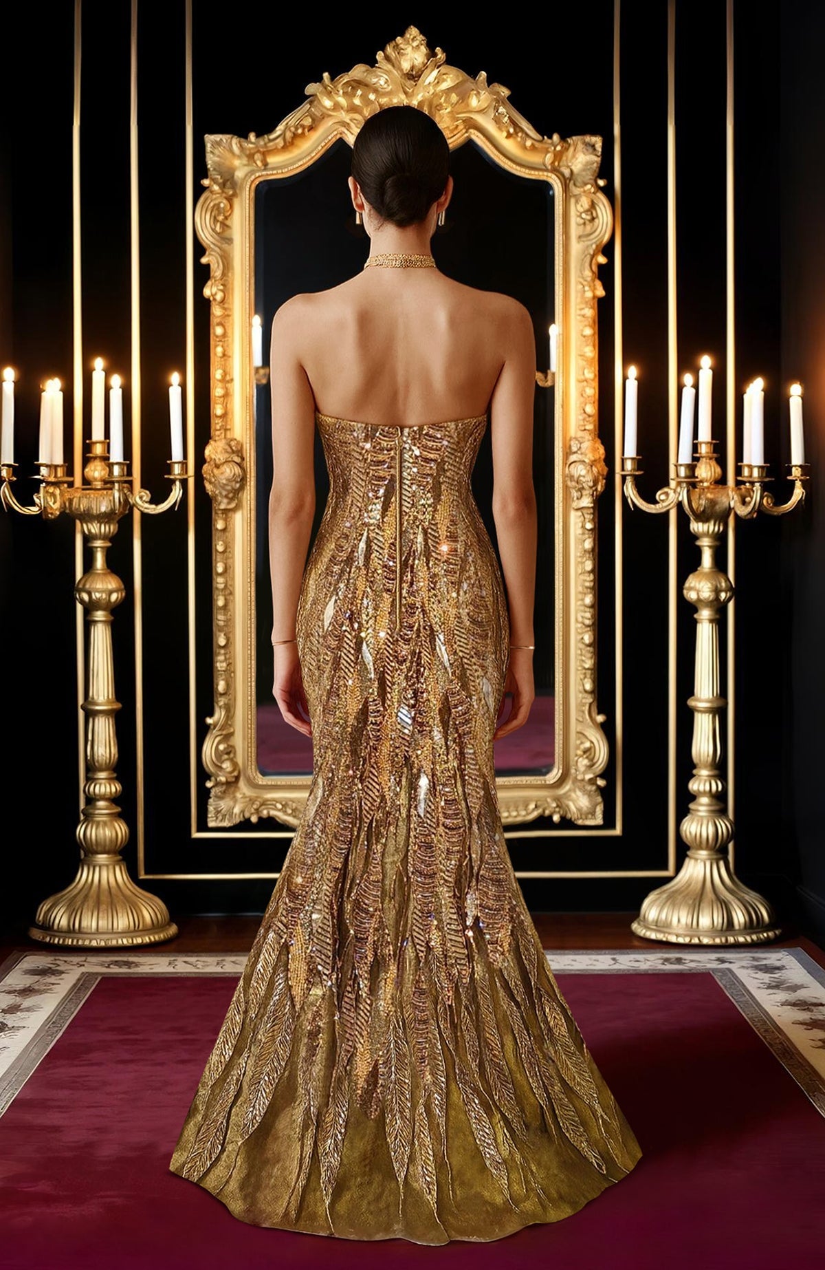 Gold hand-embroidered mermaid gown with structured sweetheart neckline and shimmering flame motifs.