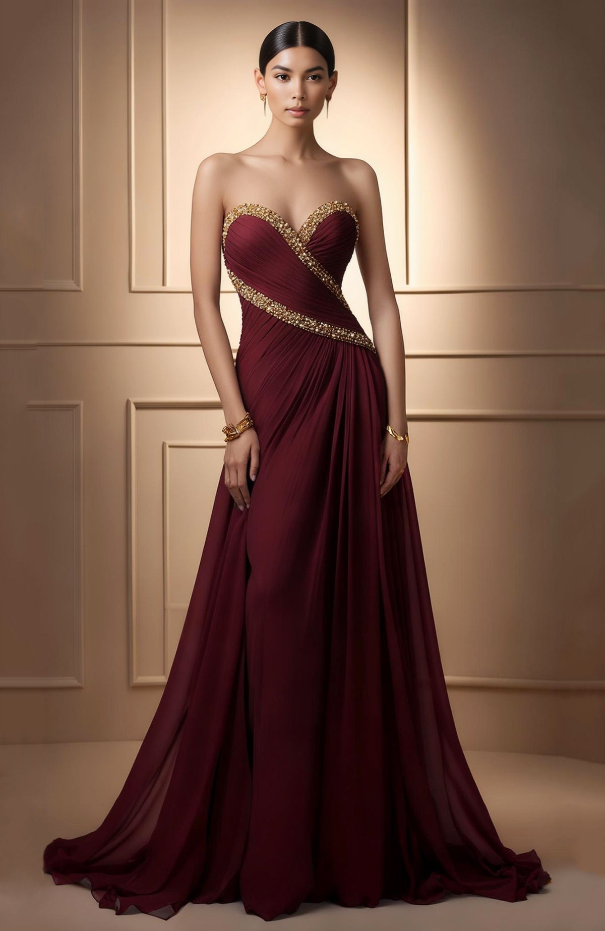 Strapless crimson gown with sweetheart neckline and gold crystal embroidery on bust and waist