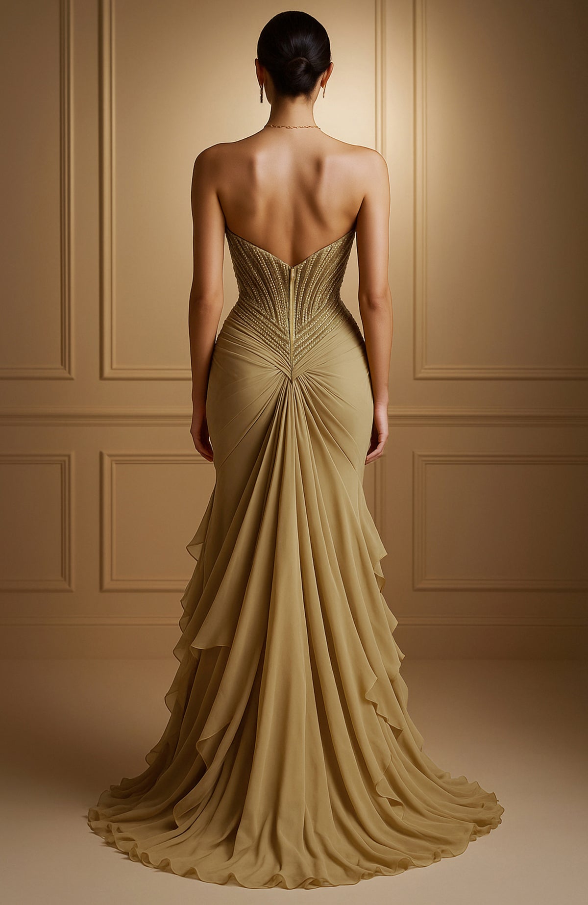 Strapless golden corset gown with sweetheart neckline and crystal-embellished bodice.