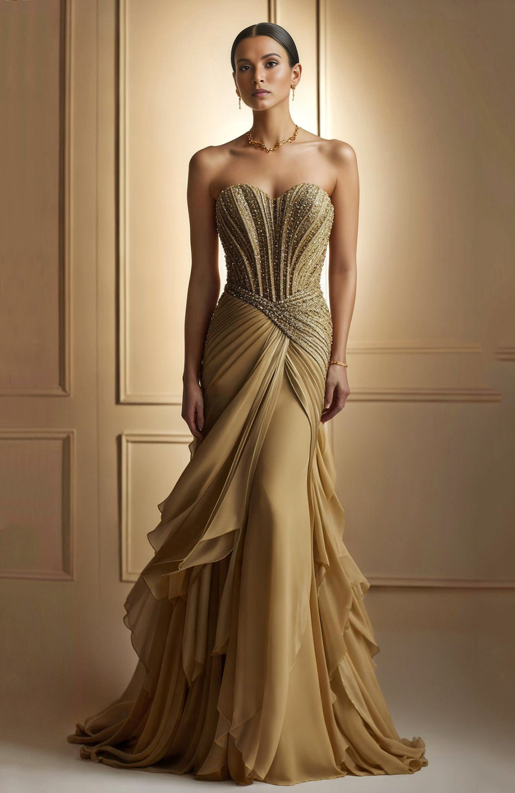 Strapless golden corset gown with sweetheart neckline and crystal-embellished bodice.