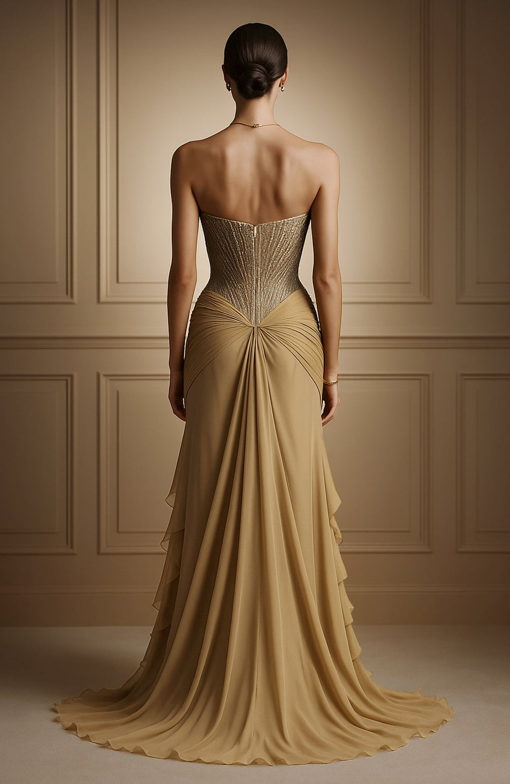 Strapless champagne corset gown with sweetheart neckline and crystal-embellished bodice