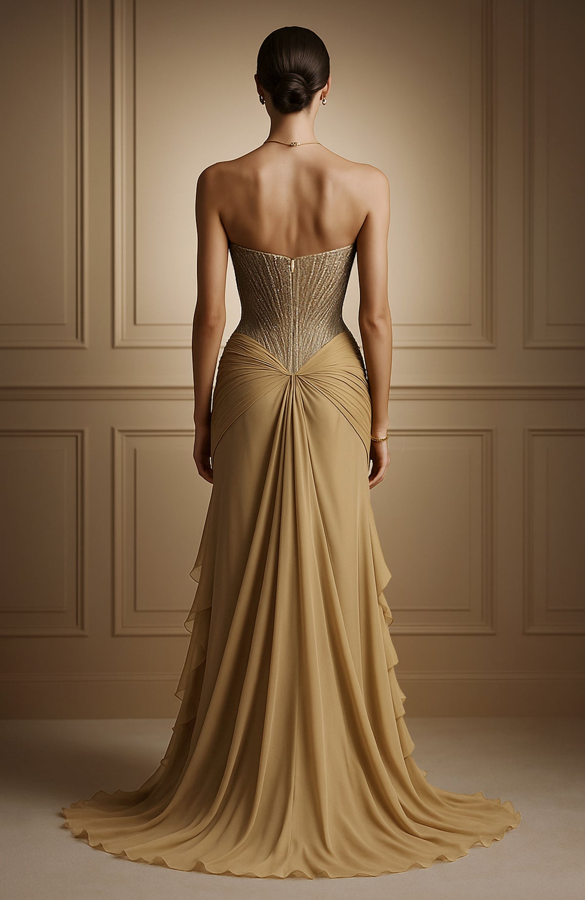 Strapless champagne corset gown with sweetheart neckline and crystal-embellished bodice