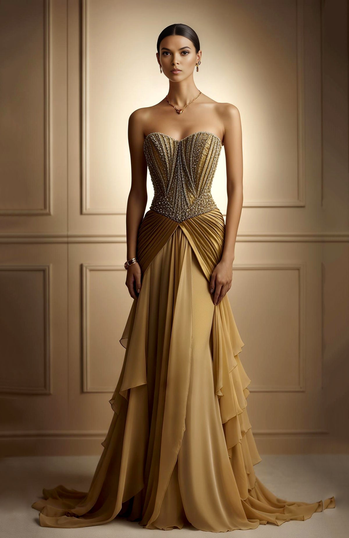 Strapless champagne corset gown with sweetheart neckline and crystal-embellished bodice