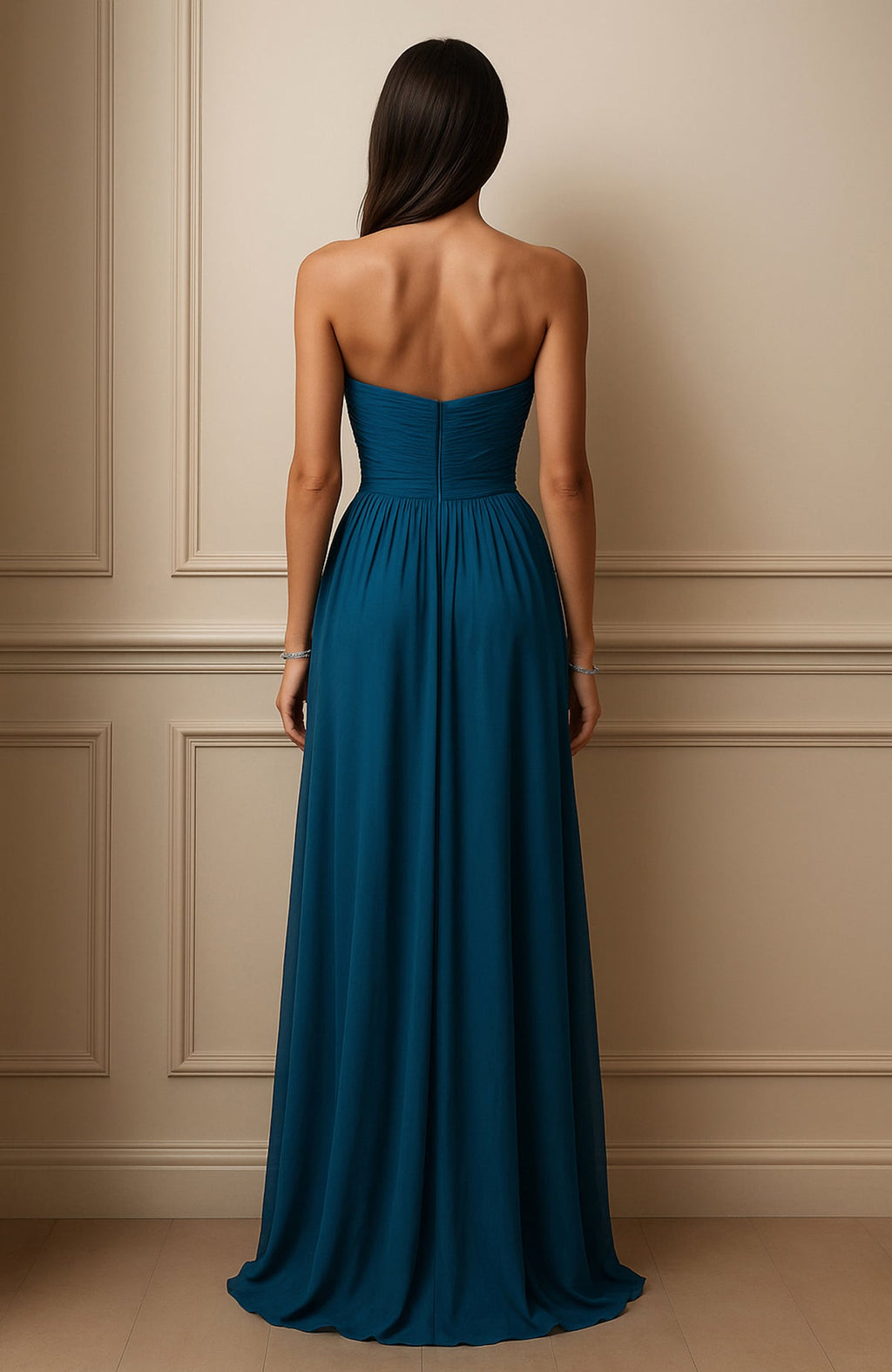 Teal strapless gown with crystal sweetheart neckline and hand-embroidered starburst waist detail