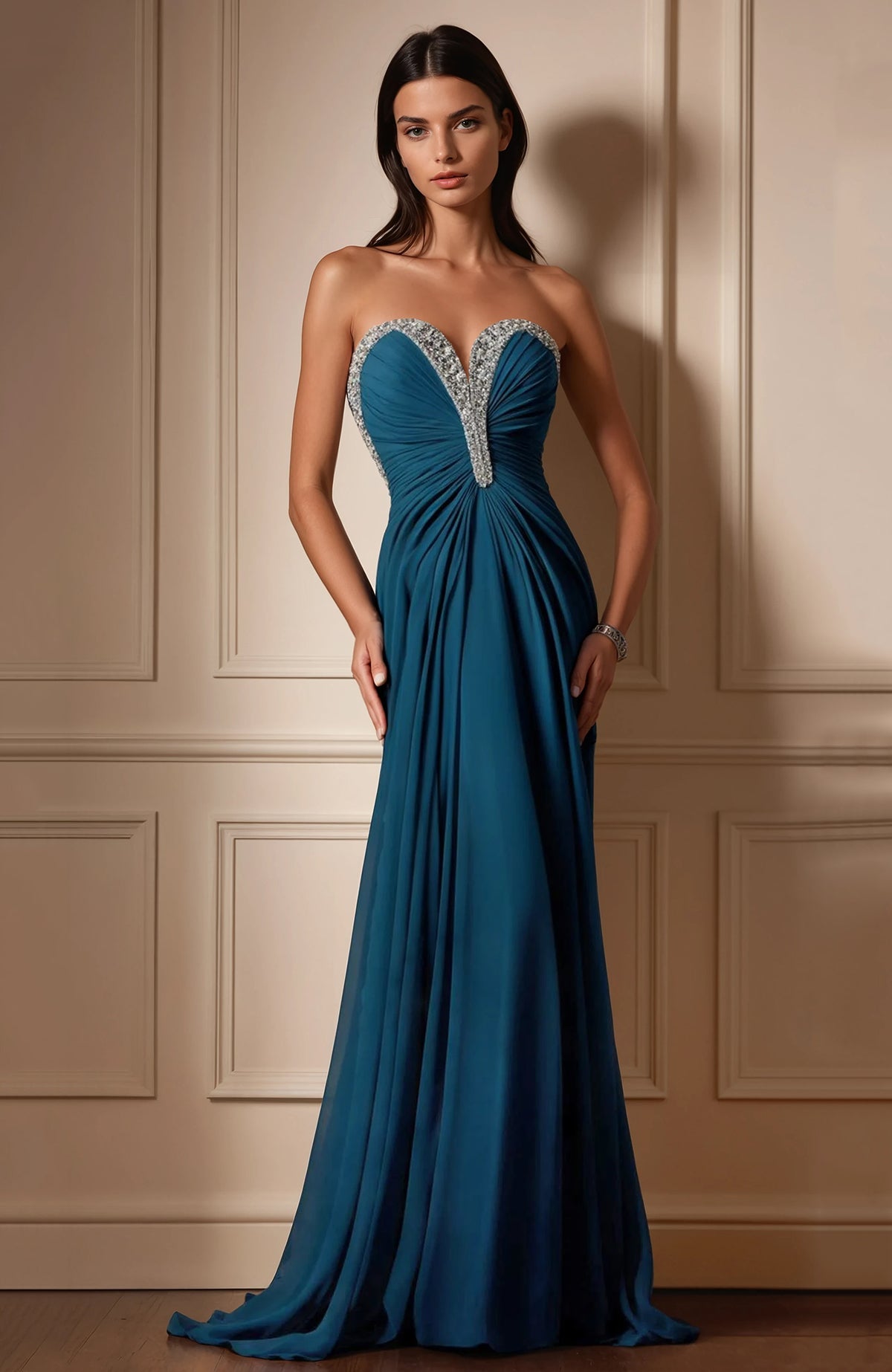 Strapless Azure gown with sweetheart neckline and crystal embroidery, pleated bodice, floor-length skirt
