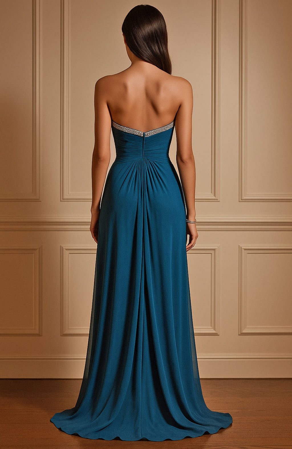 Azure strapless gown with crystal-embroidered sweetheart neckline and pleated bodice flowing to floor-length skirt