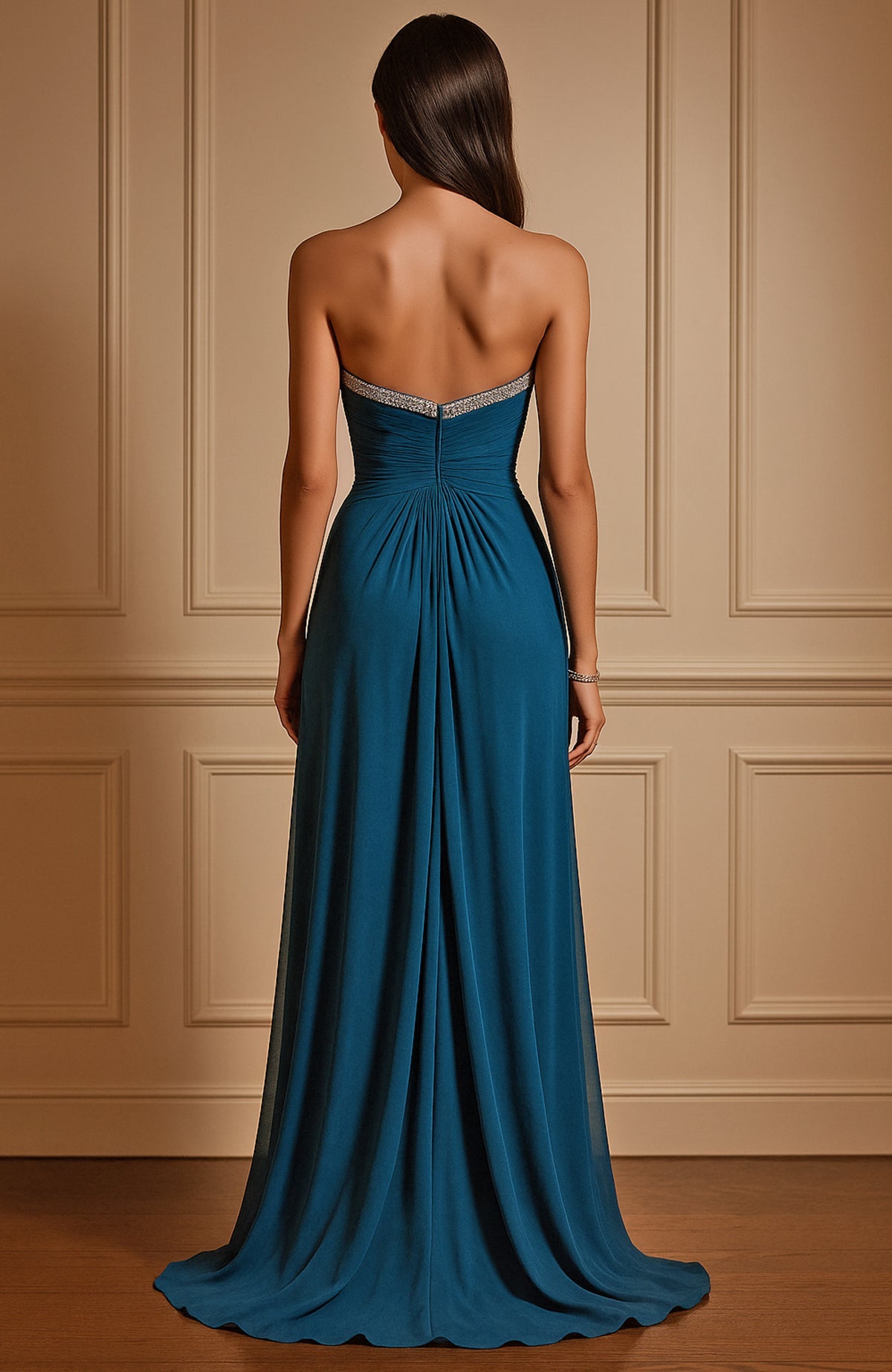 Azure strapless gown with crystal-embroidered sweetheart neckline and pleated bodice flowing to floor-length skirt