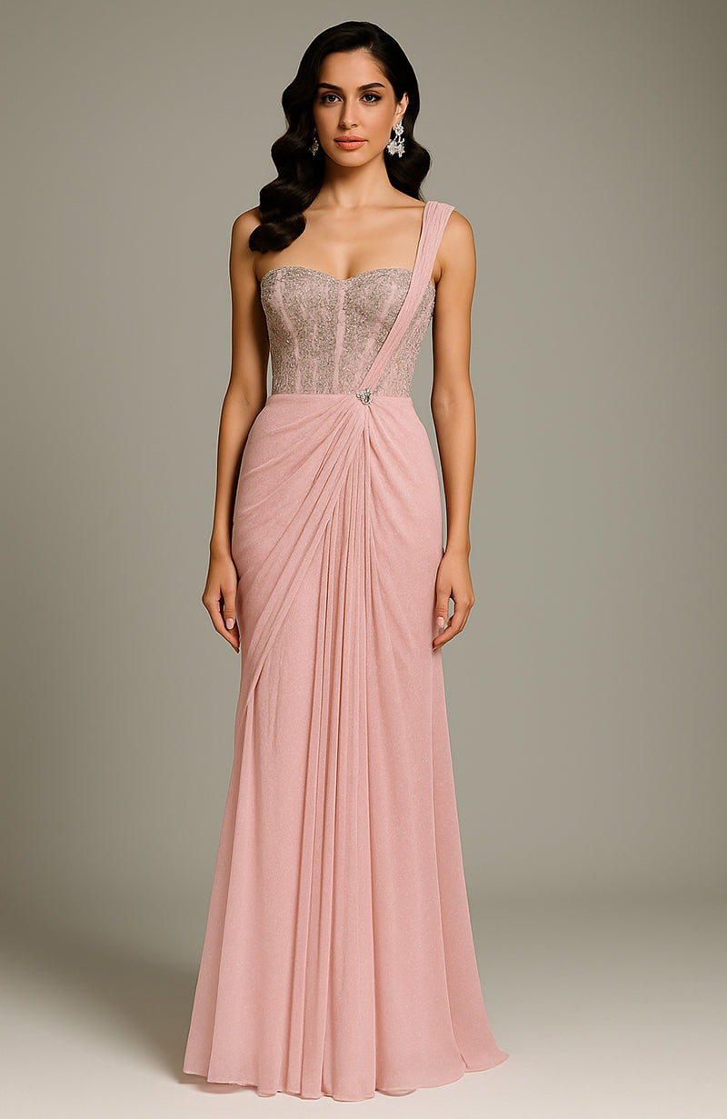 Blush pink saree with draped pleats and metallic embroidered corset blouse in floral design