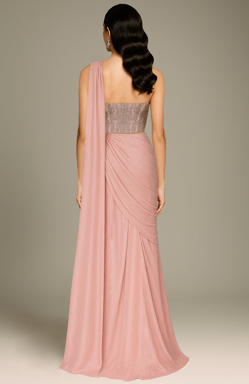 Blush pink saree with draped pallu and metallic embroidered corset blouse in floral design