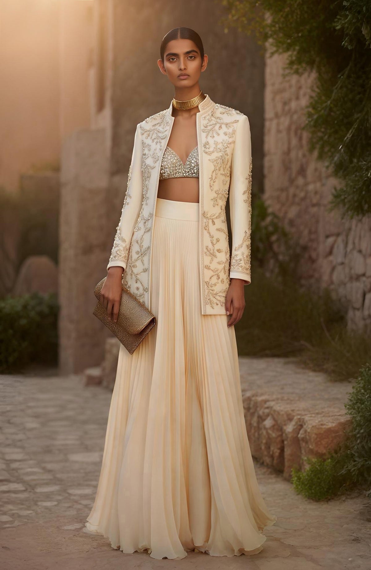 Ivory gold embroidered long jacket with sequin blouse and pleated floor-length skirt set