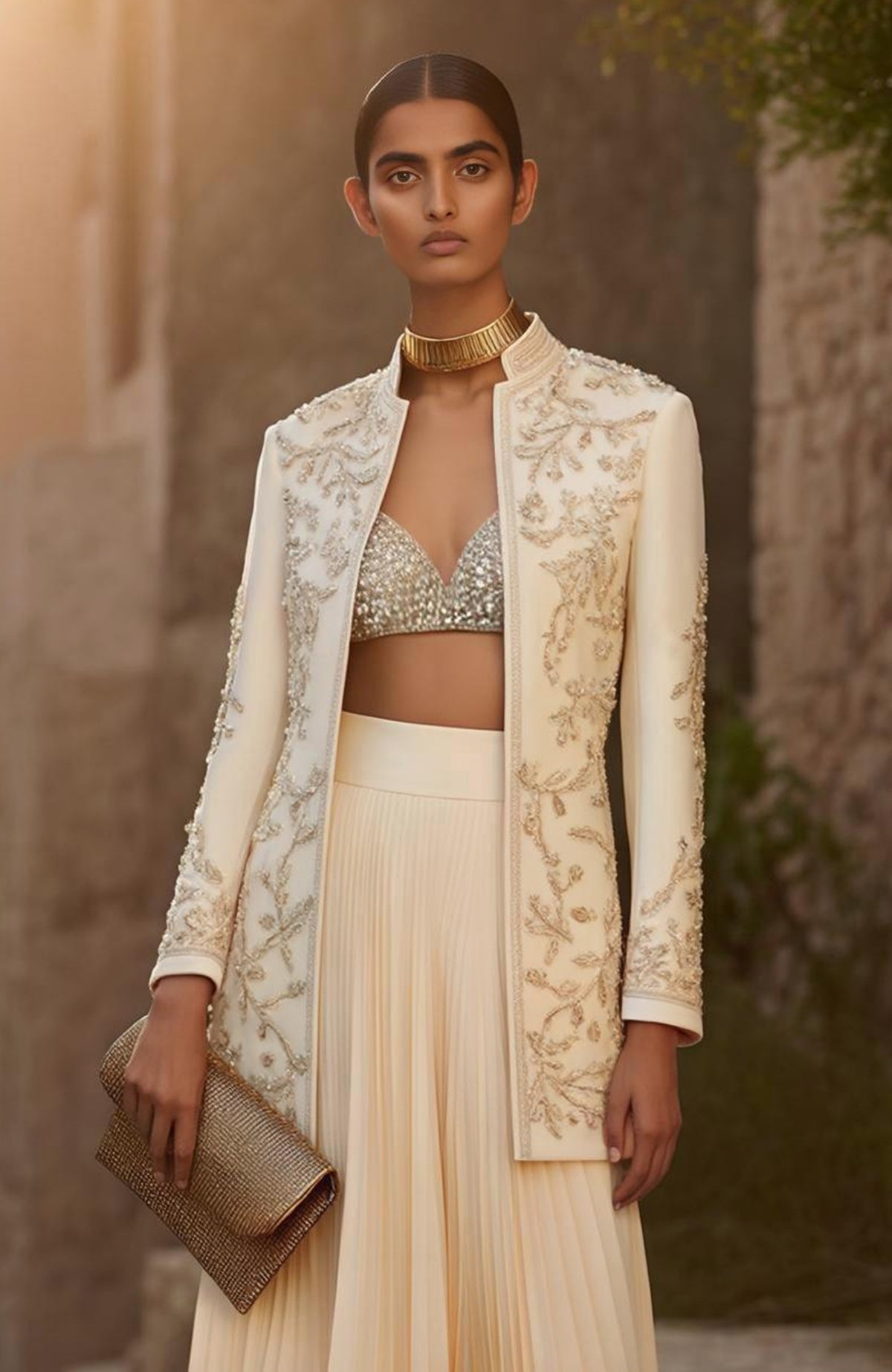 Ivory gold embroidered long jacket with sequin blouse and pleated floor-length skirt set