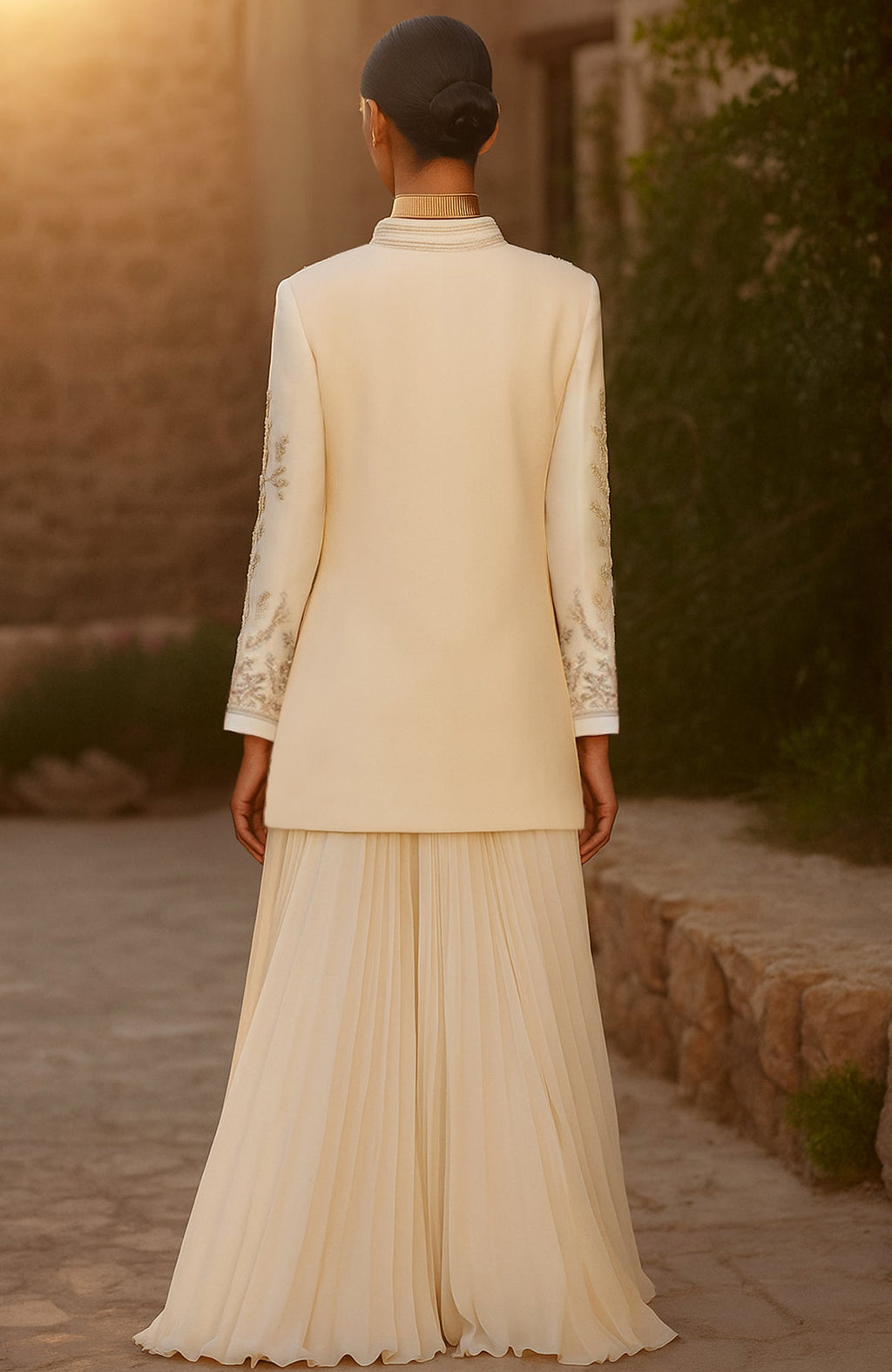 Ivory gold embroidered long jacket with sequin blouse and pleated floor-length skirt set