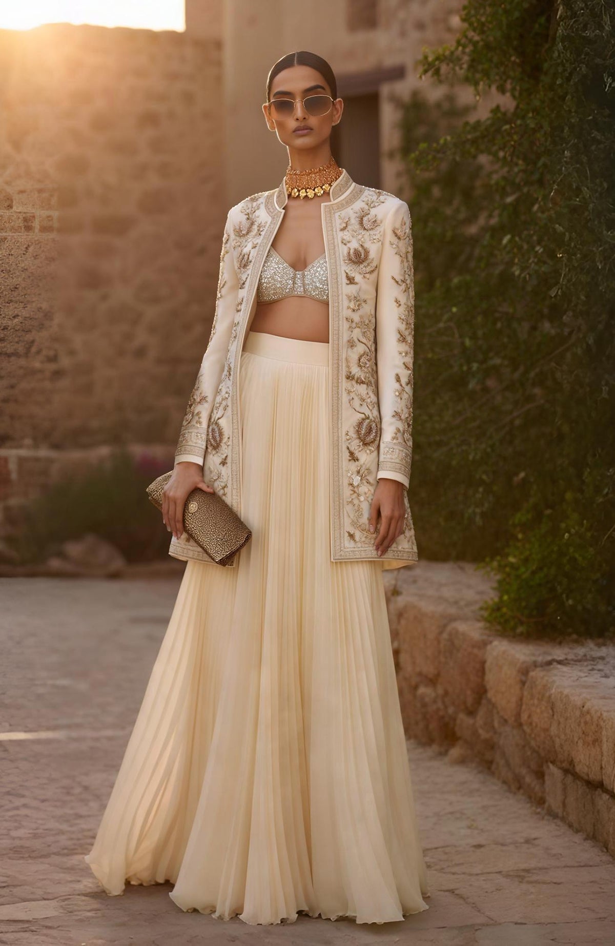 Ivory gold long embroidered jacket with crystal bralette and pleated georgette skirt set
