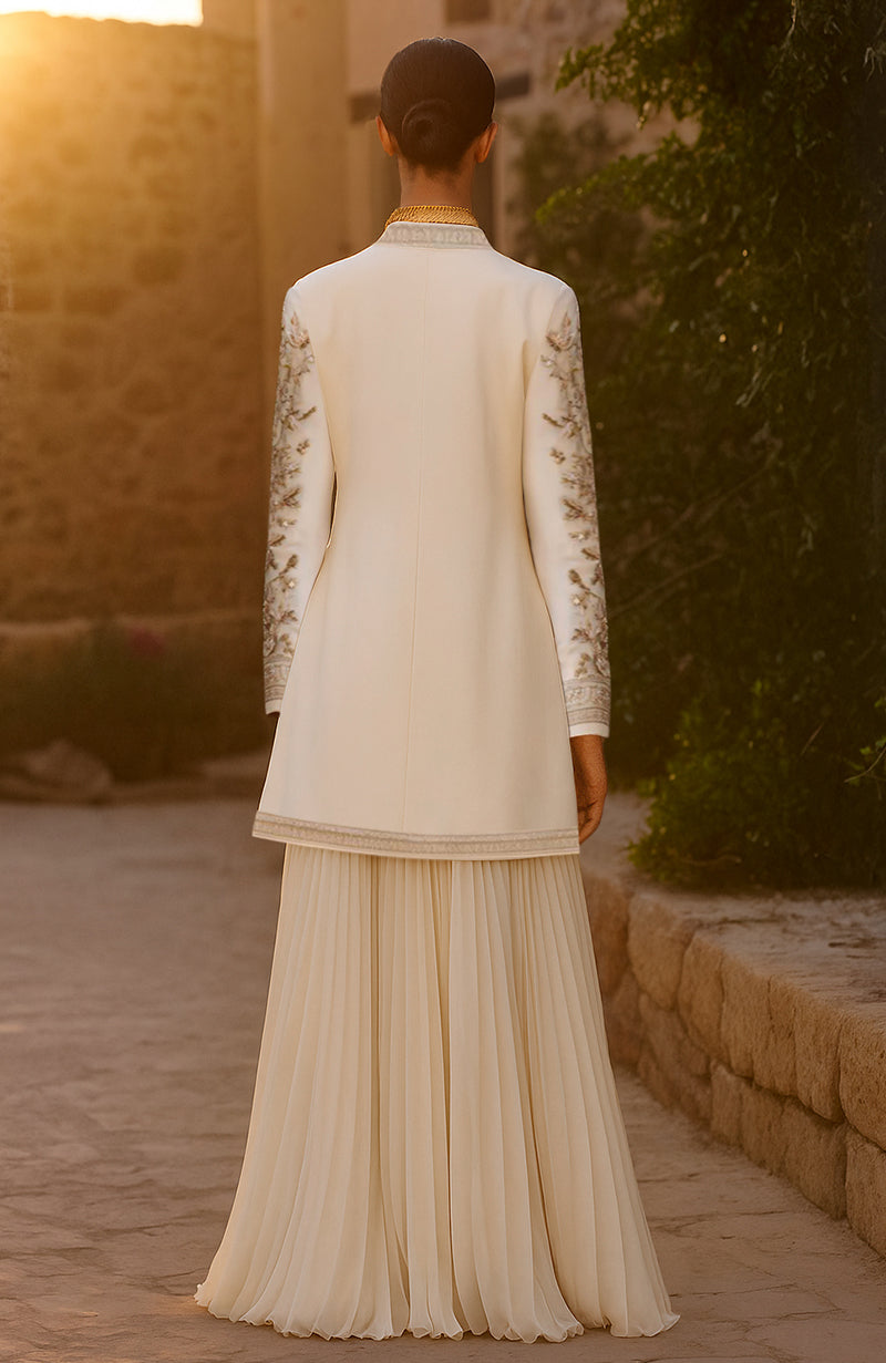 Ivory gold embroidered long jacket with crystal bralette and pleated georgette skirt set