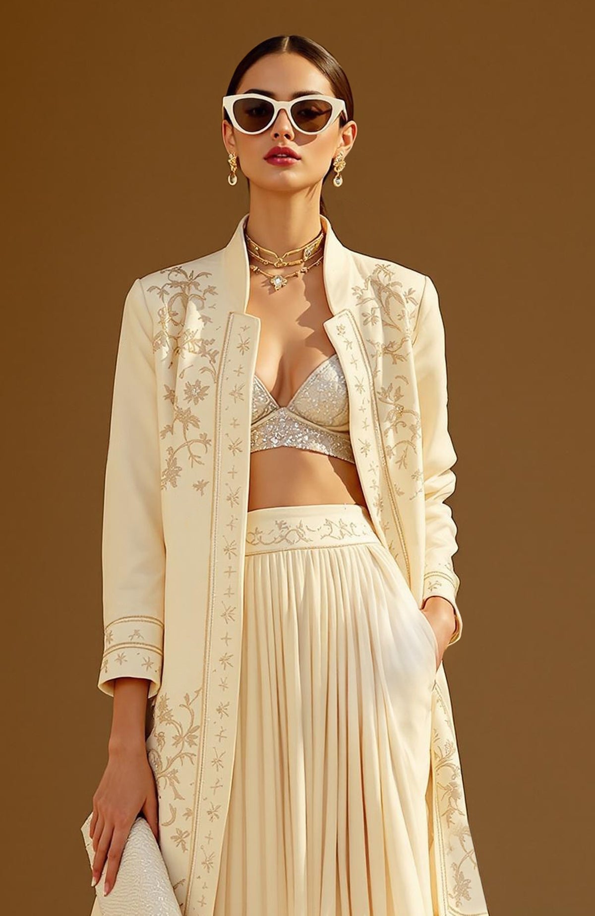 Ivory gold embroidered longline jacket with botanical threadwork and matching skirt set.