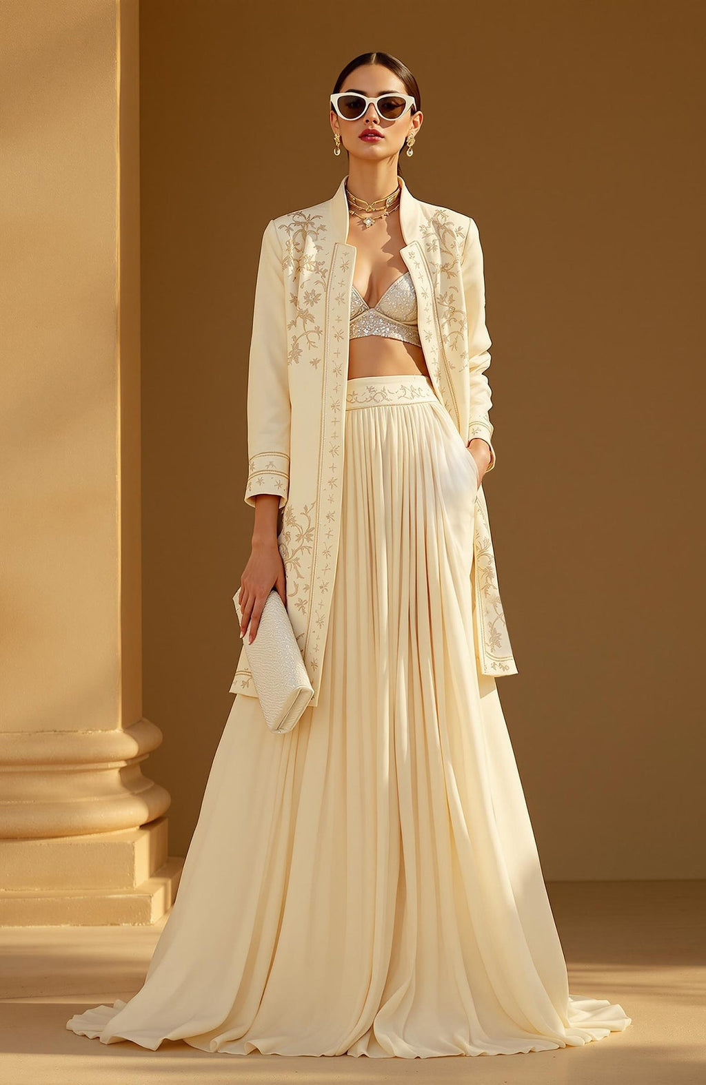 Ivory gold embroidered longline jacket with botanical threadwork and matching pleated skirt set.