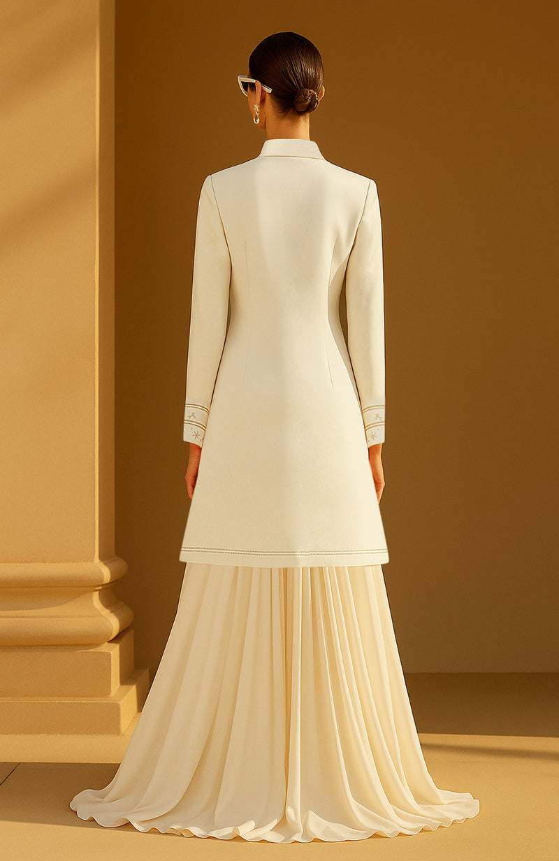 Ivory gold embroidered longline jacket with botanical threadwork and matching skirt set