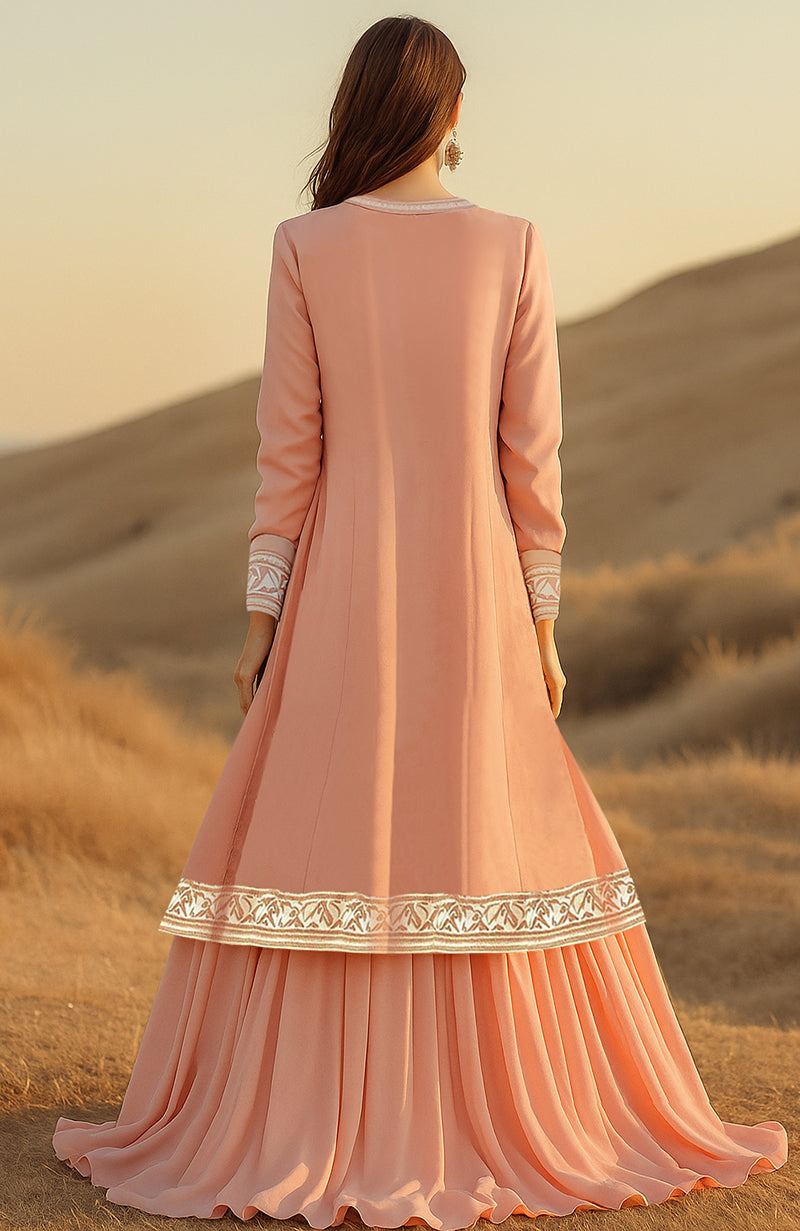 Blush pink embroidered long jacket with crystal blouse and pleated lehenga skirt set