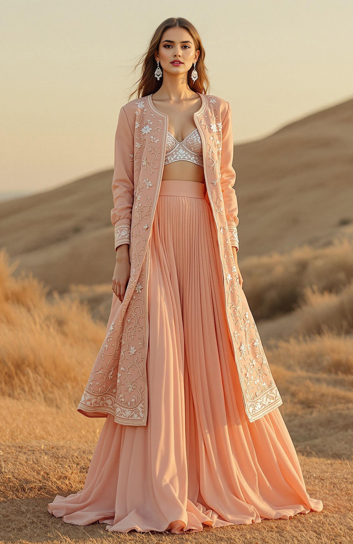 Blush pink jacket set with embroidered floral jacket, crystal blouse, and pleated lehenga skirt