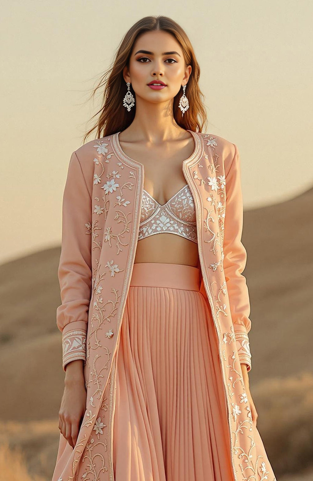 Blush pink jacket set with embroidered floral jacket, crystal blouse, and pleated lehenga skirt