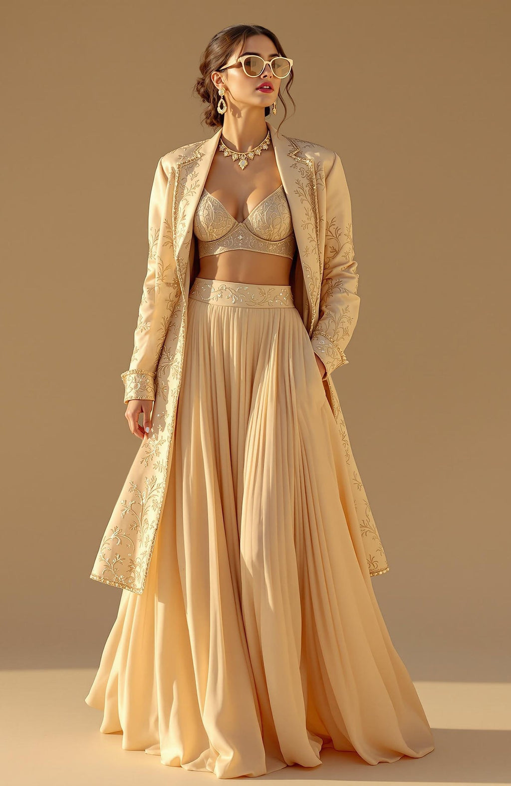 Three-piece golden nude embroidered jacket set with bustier blouse and pleated lehenga skirt.