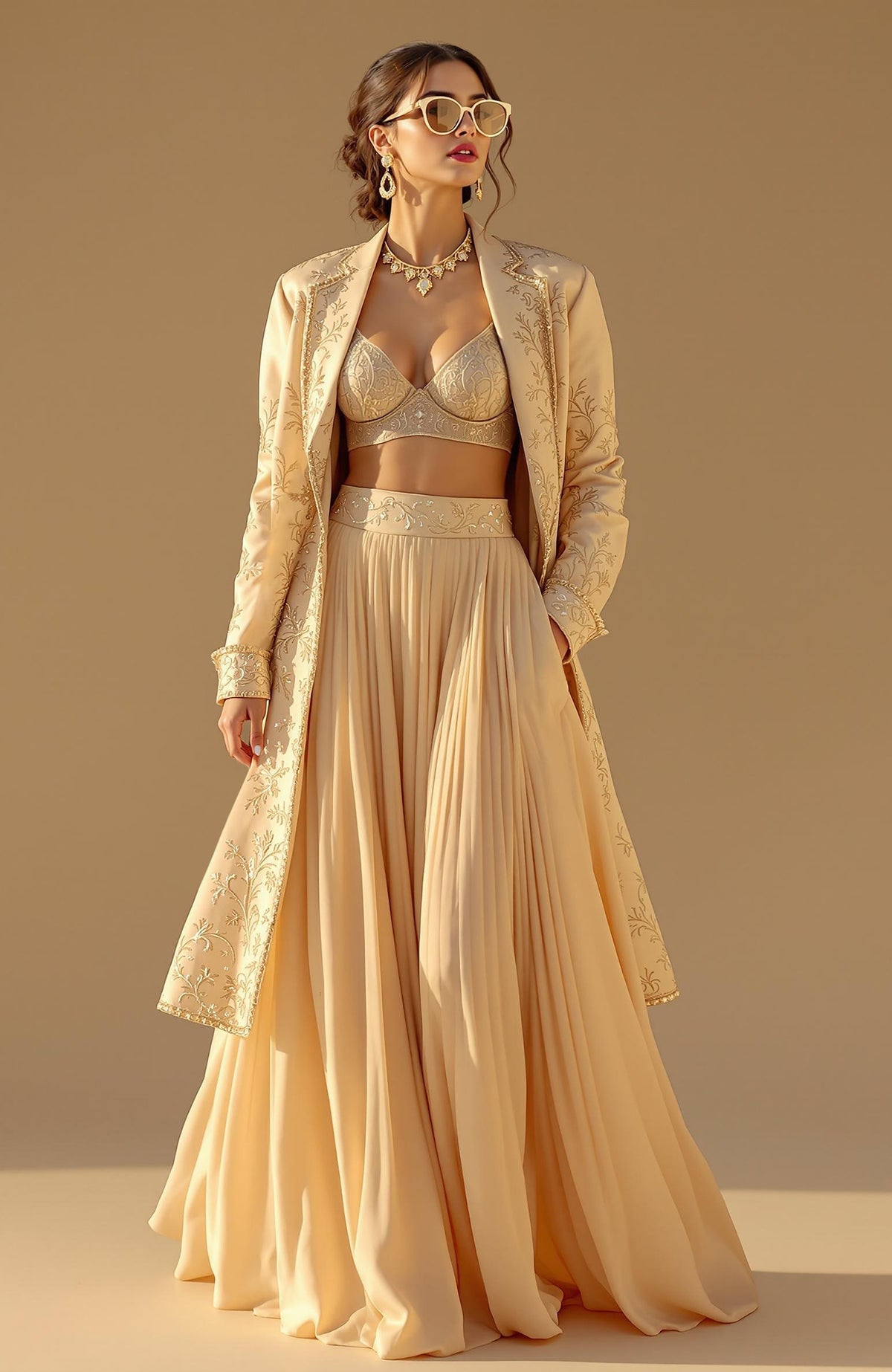 Three-piece golden nude embroidered jacket set with bustier blouse and pleated lehenga skirt.