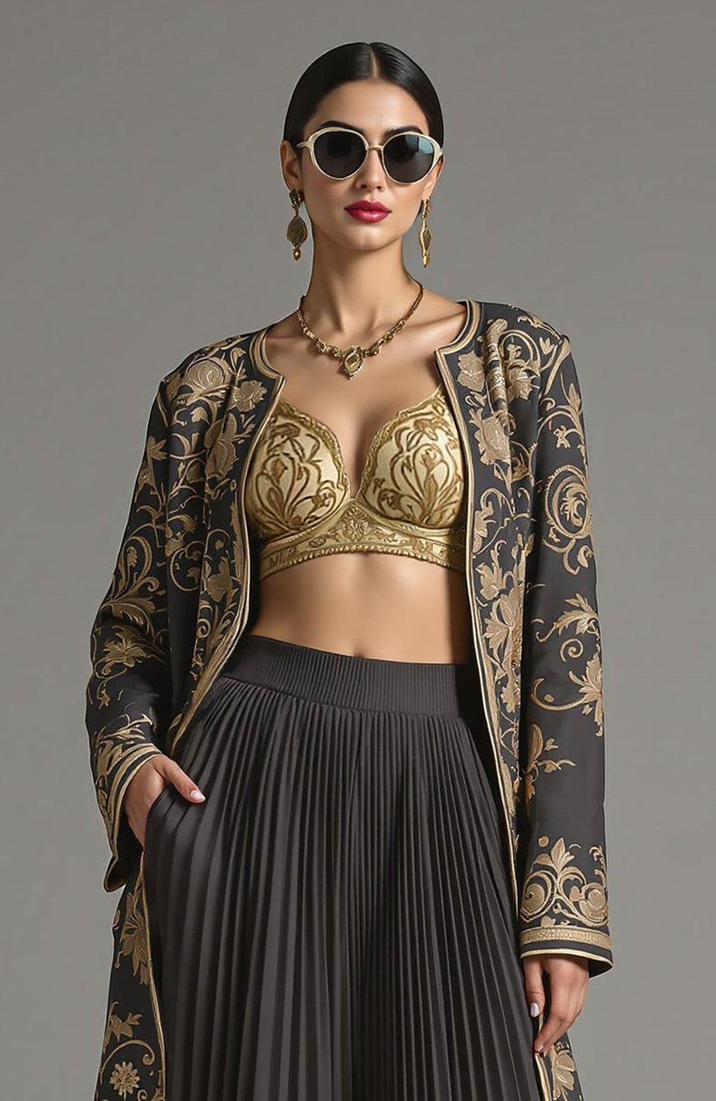 Black longline jacket with antique gold floral embroidery, gold bralette, and pleated black pants
