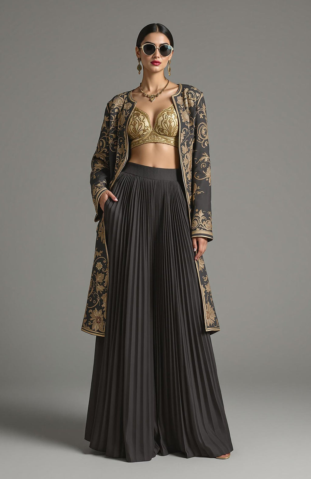 Black longline jacket with antique gold floral embroidery paired with gold bralette and black pleated pants