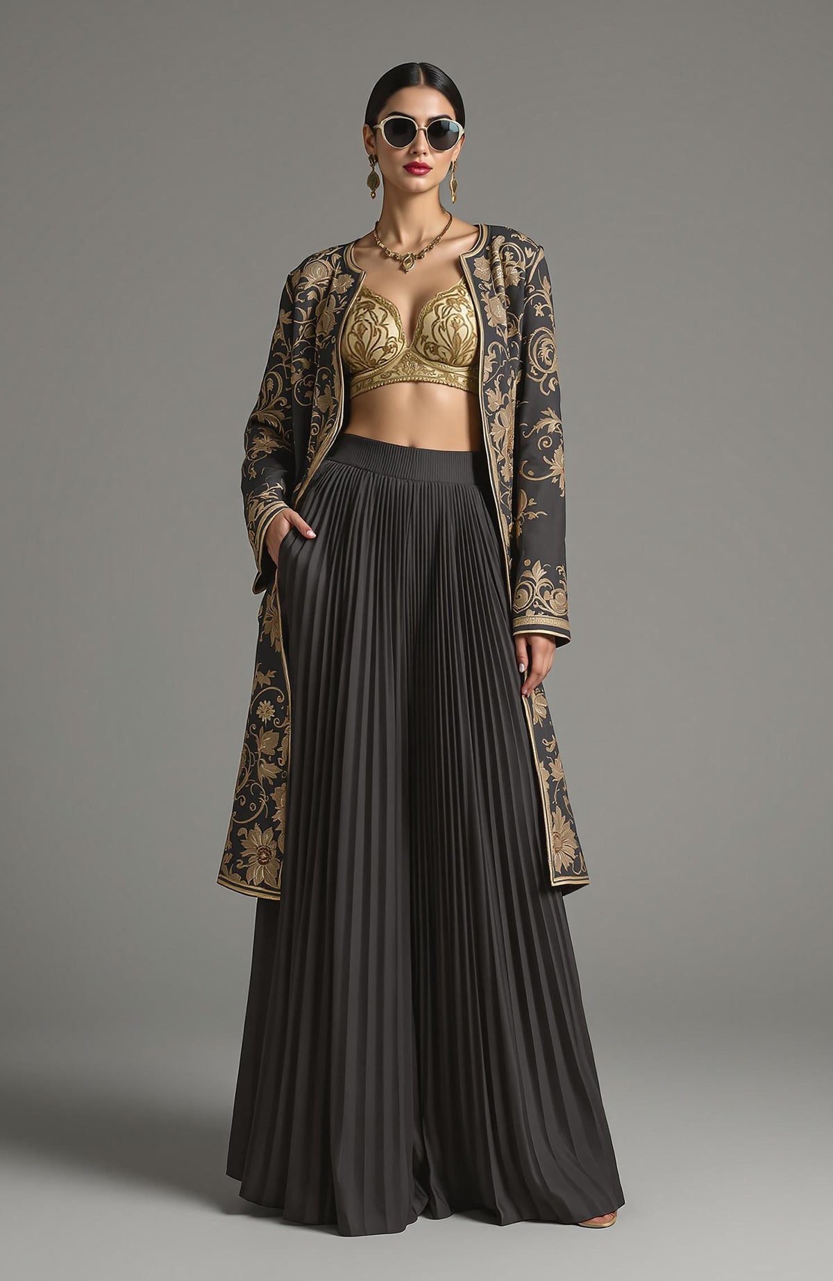 Black longline jacket with antique gold floral embroidery paired with gold bralette and black pleated pants