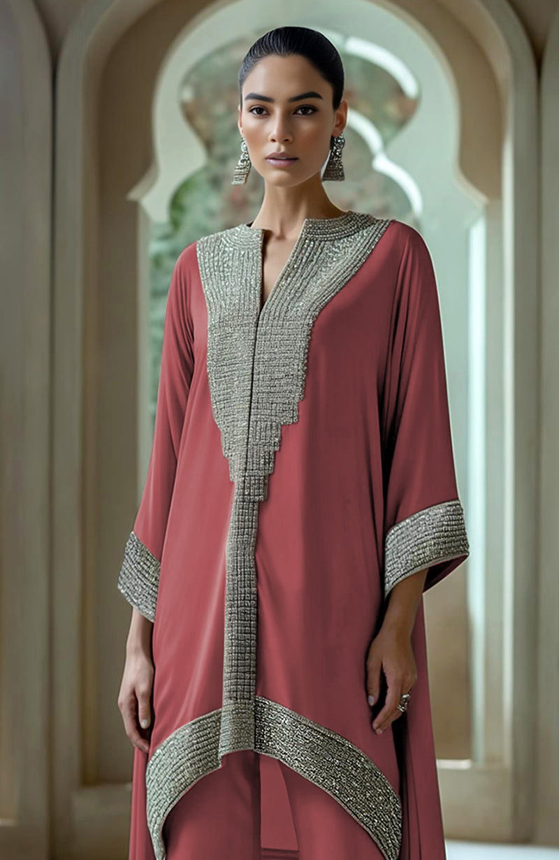 Desert Rose asymmetric kurta set with intricate bead and crystal embroidery on sleeves and hem
