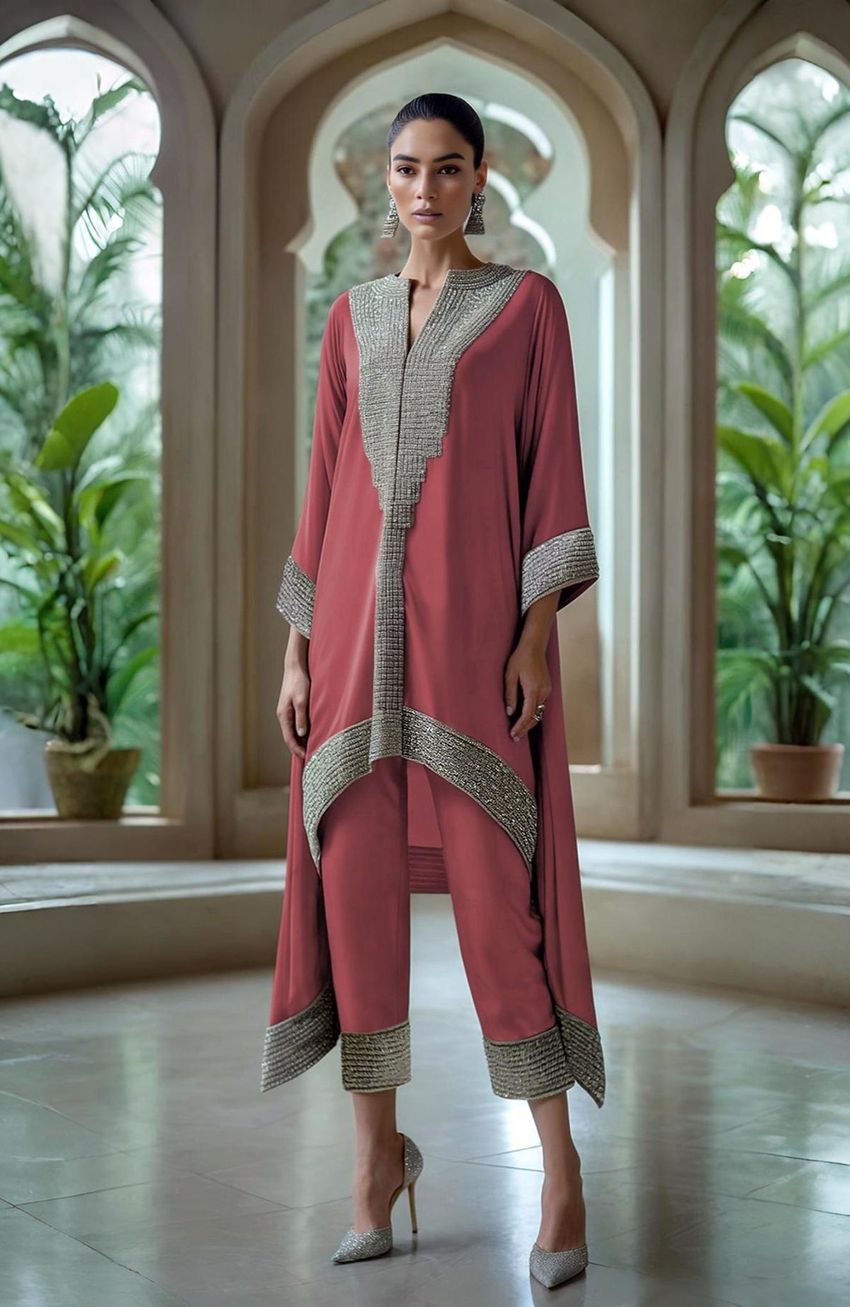 Slate grey asymmetrical kurta set with intricate bead and crystal embroidery on sleeves and trousers