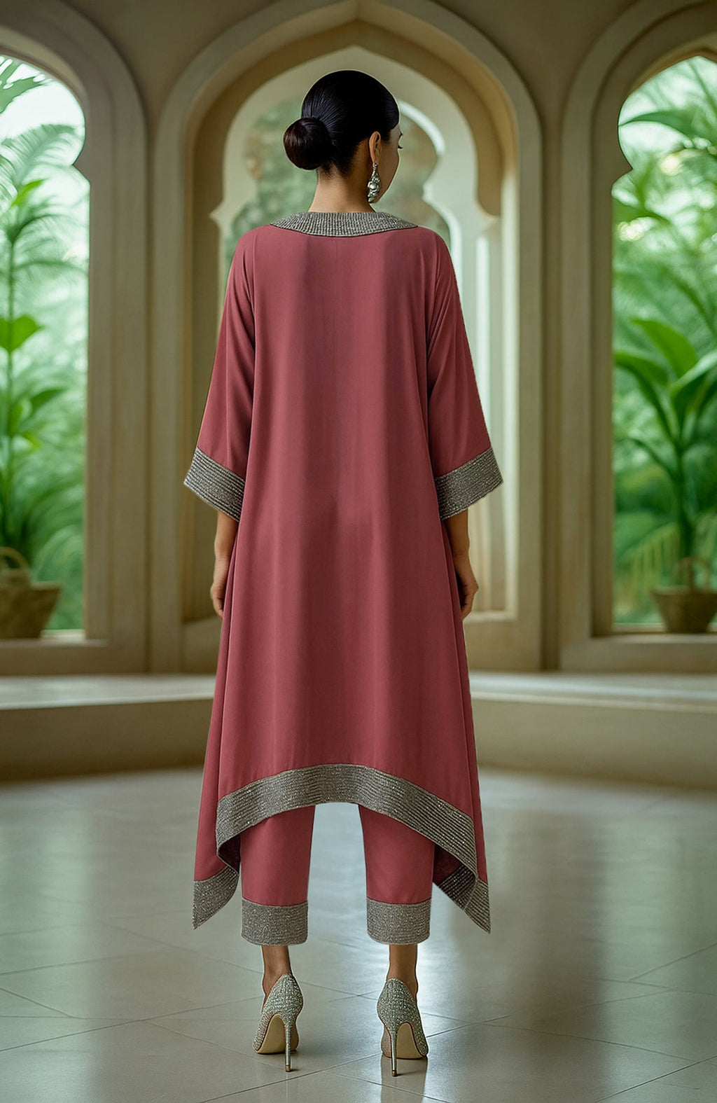 Desert rose pink asymmetrical kurta with intricate bead and crystal embroidery and matching trousers