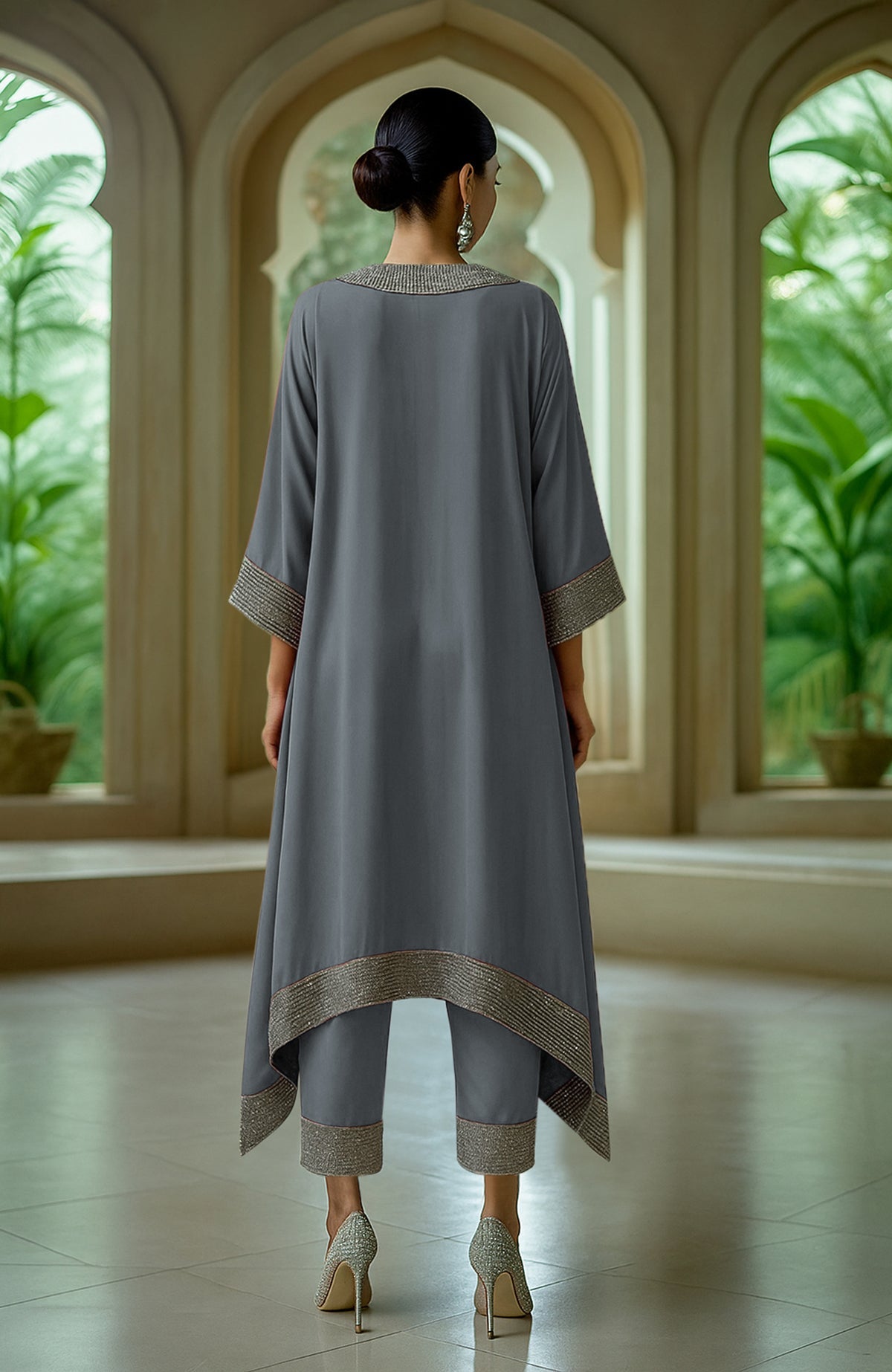 Slate grey asymmetrical kurta set with dense bead and crystal embroidery on neckline and cuffs