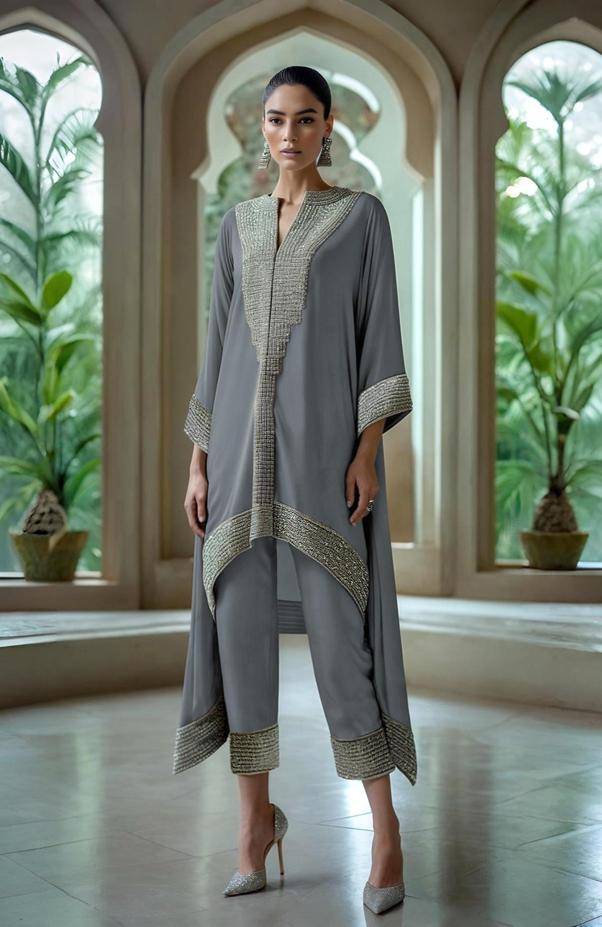 Taupe asymmetric kurta set with intricate bead and crystal embroidery on sleeves and hem