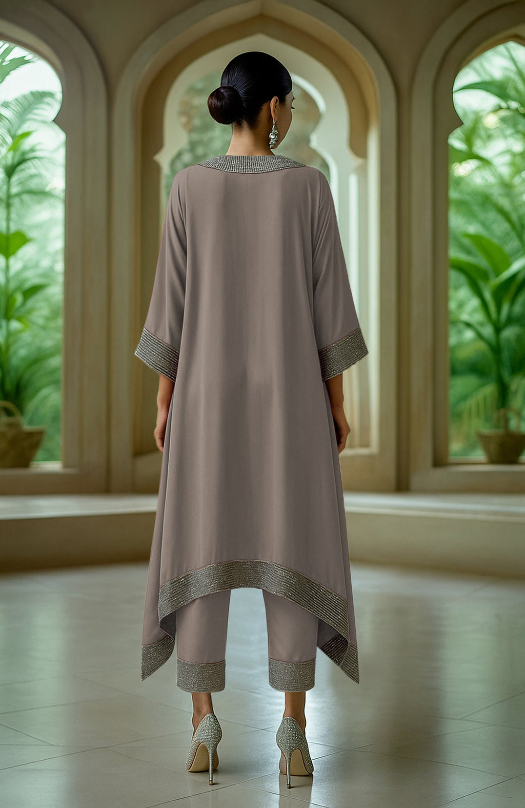 Taupe asymmetric kurta set with intricate bead and crystal embroidery and wide sleeve cuffs.