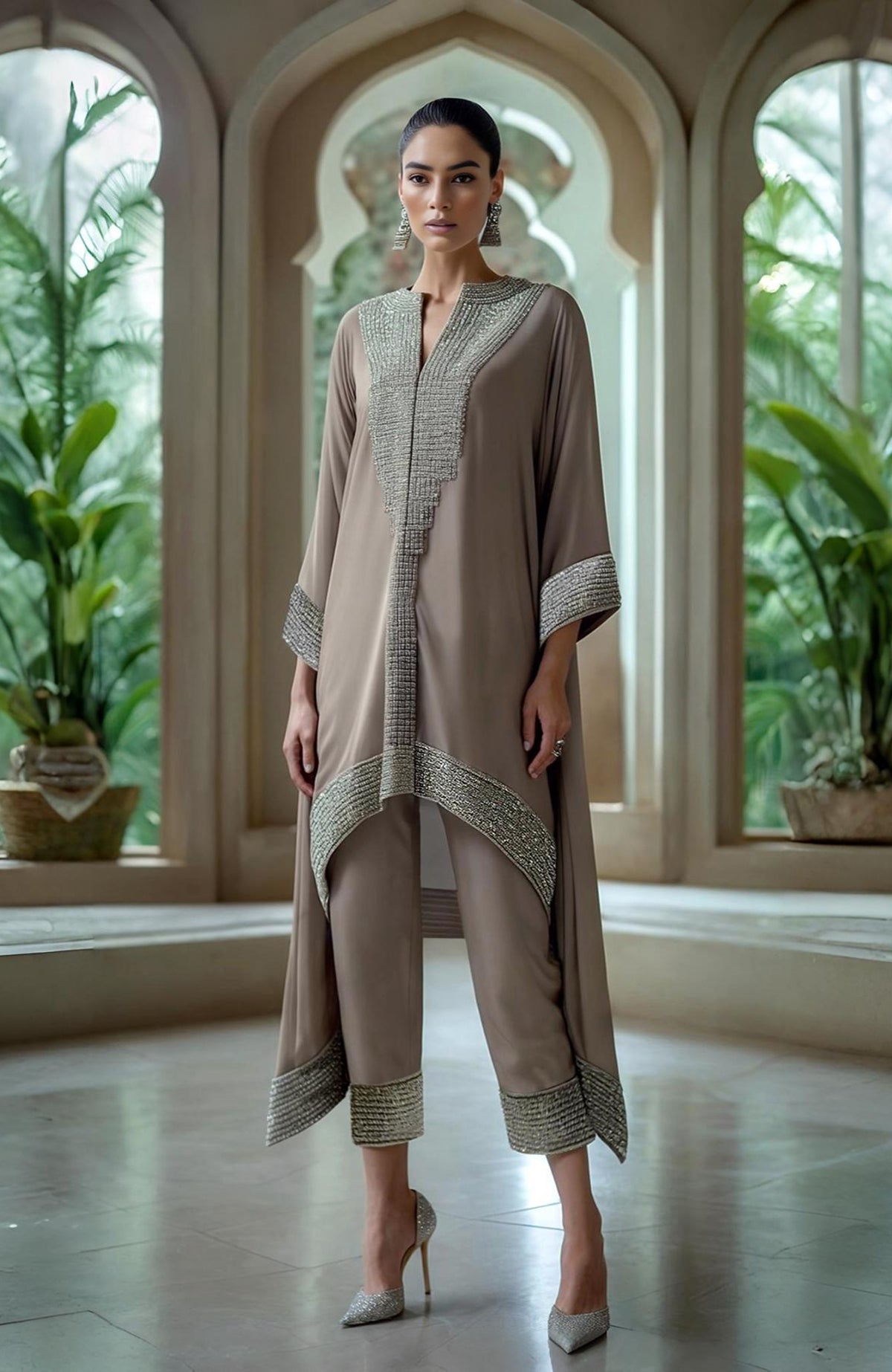 Desert Rose asymmetric kurta set with intricate bead and crystal embroidery on sleeves and hem