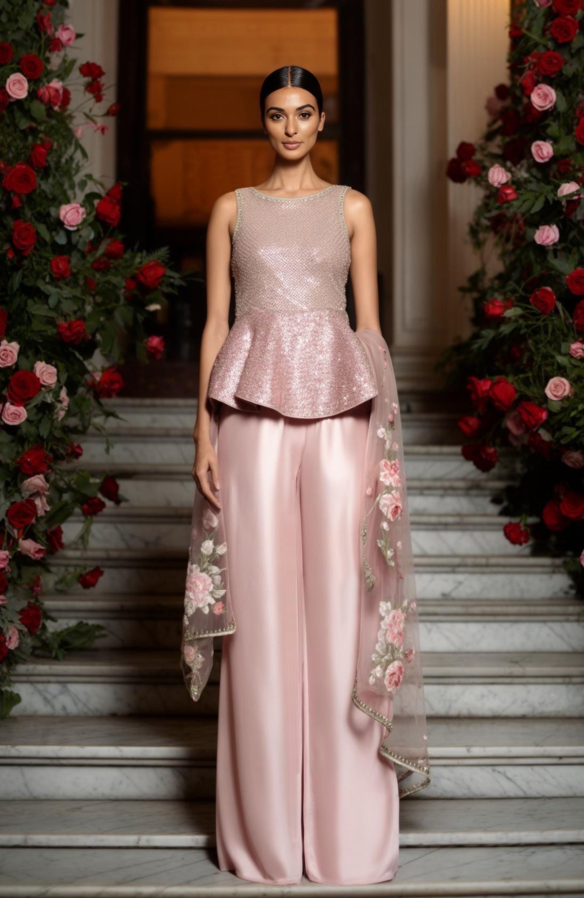 Rose quartz peplum set with hand sequined embroidery and floral embroidered sheer dupatta.