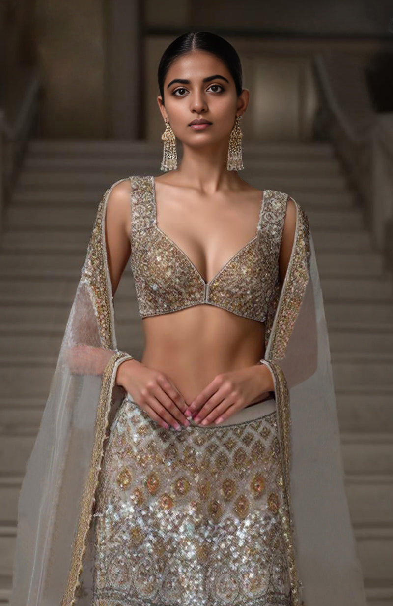 Golden antique gold lehenga with heavy sequin embroidery, deep-neck blouse, and sheer net dupatta