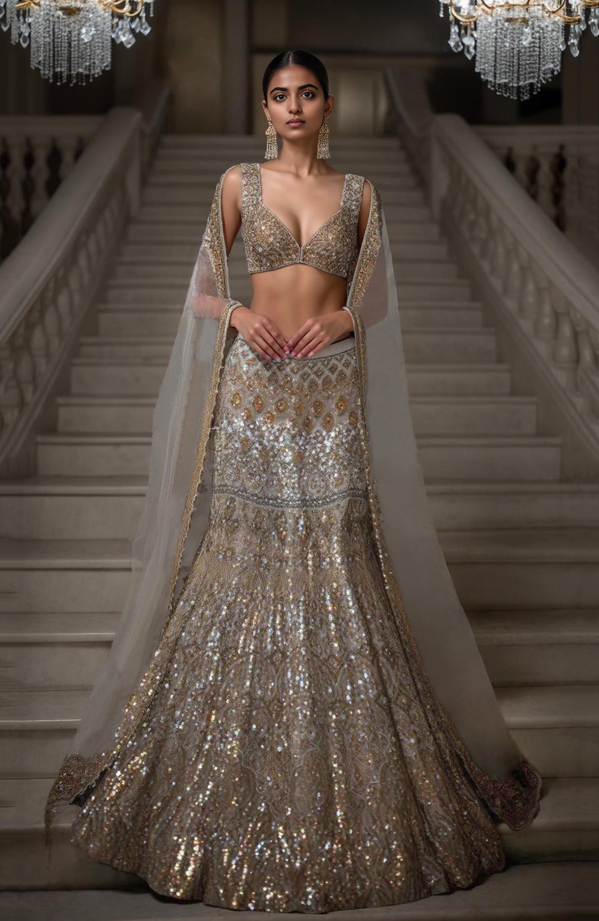 Golden Mirage sequin embroidered mermaid lehenga set with deep-neck blouse and sheer dupatta