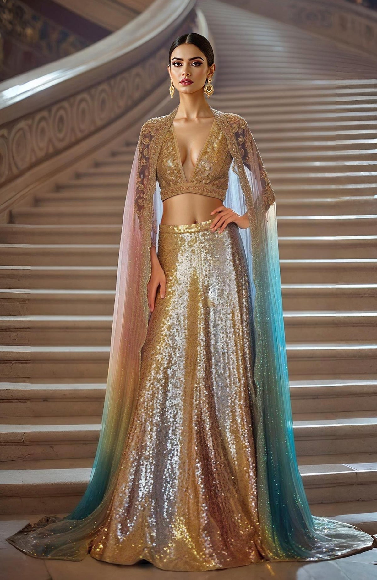 Gold sequin embroidered lehenga with deep V-neck blouse and multicolor ombré sheer cape