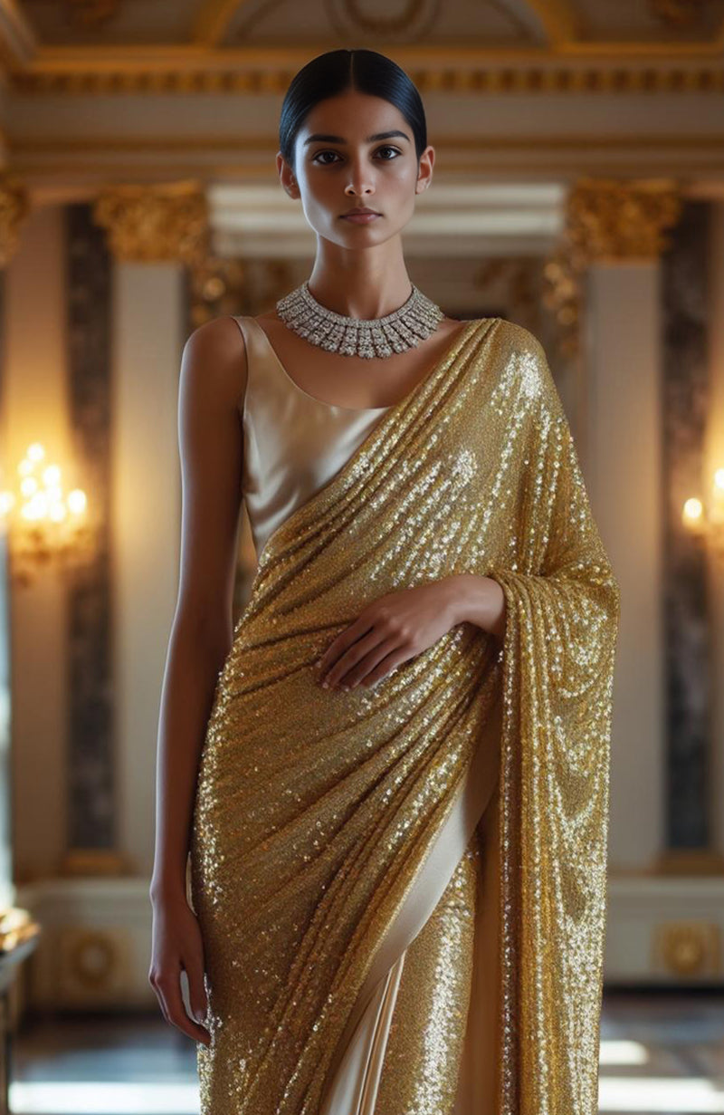 Golden saree fully embroidered with gold sequins over sheer fabric paired with a sleeveless blouse